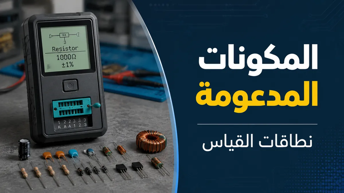 جهاز اختبار مكونات إلكترونية وبجواره مقاومات ومكثفات وثنائيات وترانزستورات وملفات حث