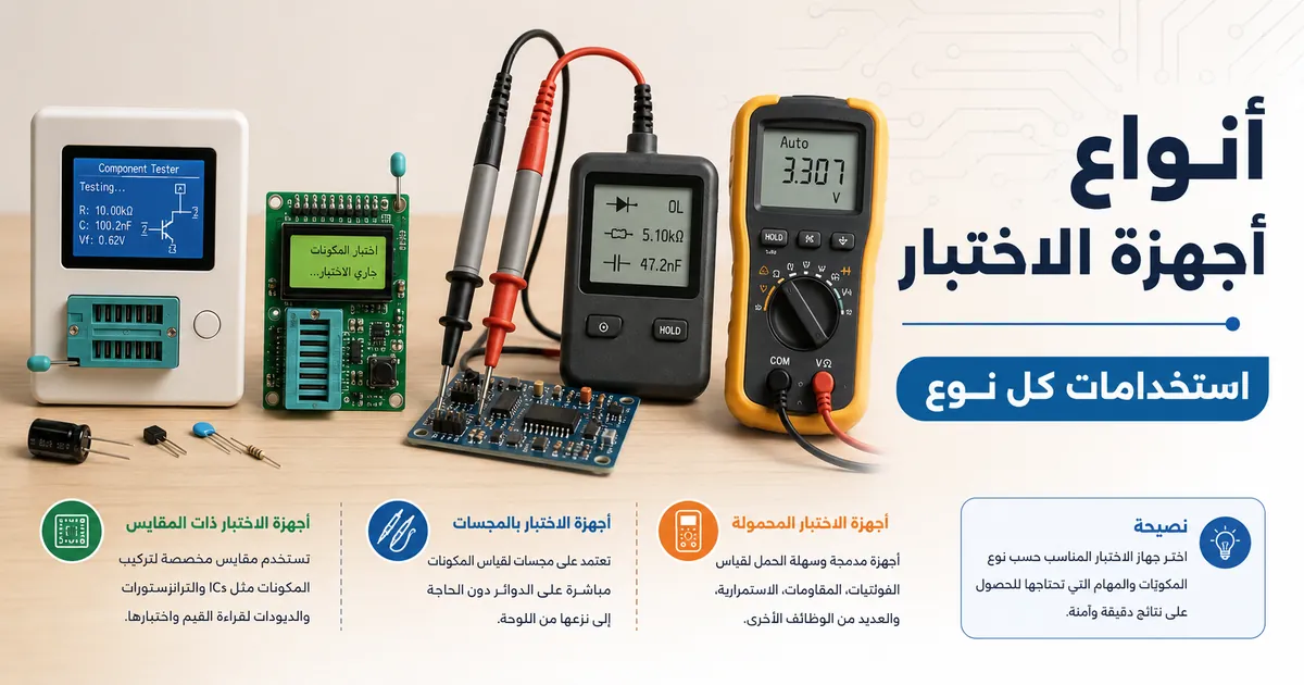 أنواع مختلفة من أجهزة اختبار المكونات الإلكترونية تشمل أجهزة بمقبس وأجهزة بمجسات وأجهزة محمولة