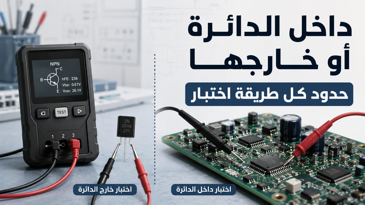 جهاز اختبار مكونات إلكترونية متصل بمكون منفصل بجانب لوحة دائرة للمقارنة بين طرق الاختبار