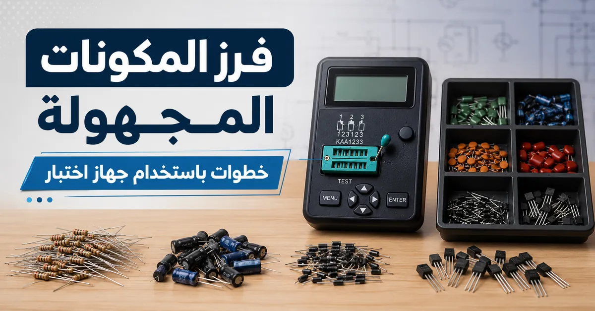 مقاومات ومكثفات وثنائيات وترانزستورات مجهولة مرتبة بجانب جهاز اختبار مكونات إلكترونية