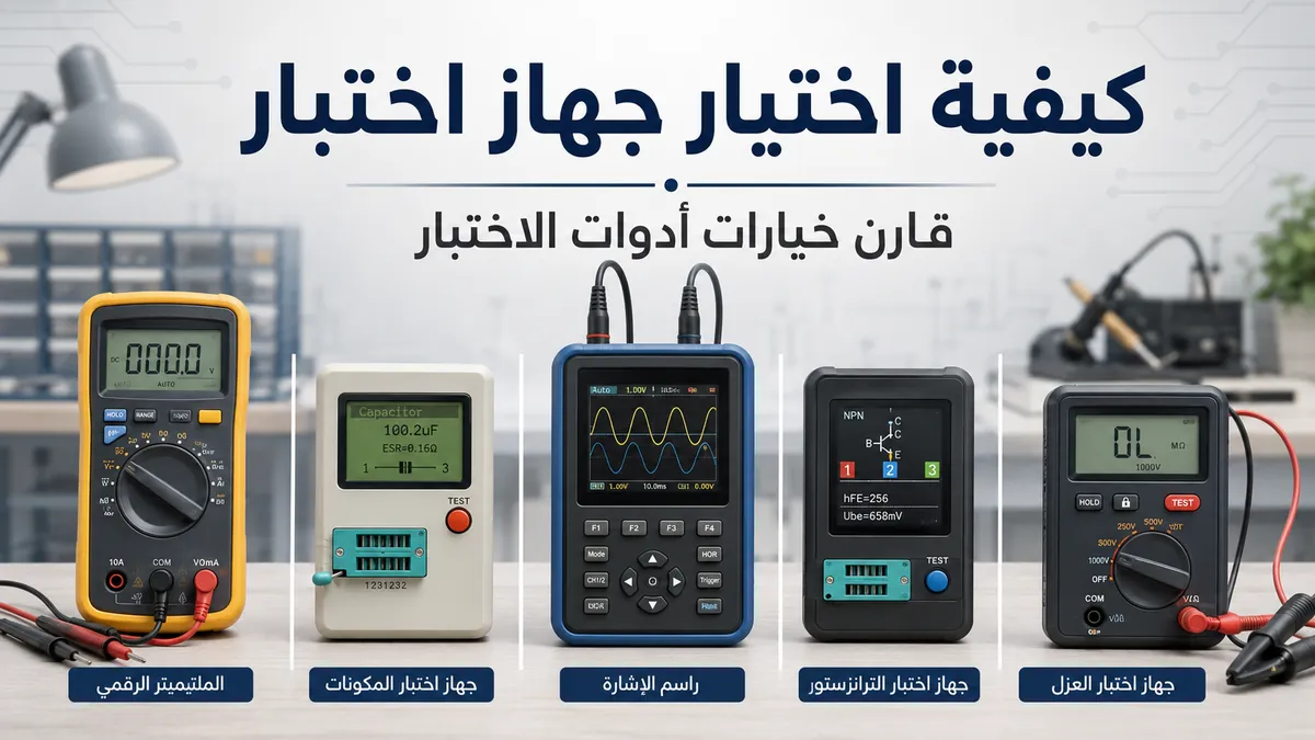 عدة أجهزة اختبار مكونات إلكترونية معروضة جنبًا إلى جنب للمقارنة واختيار أداة الاختبار المناسبة