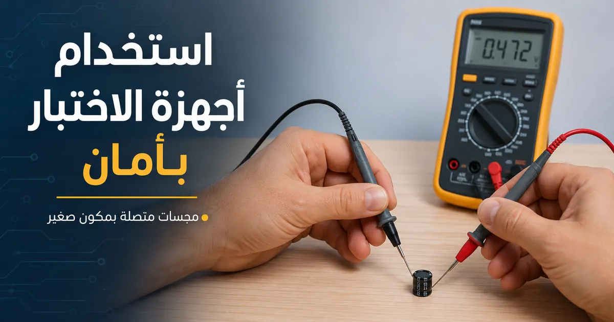 يدان تستخدمان جهاز اختبار مكونات إلكترونية مع مجسات متصلة بمكون صغير