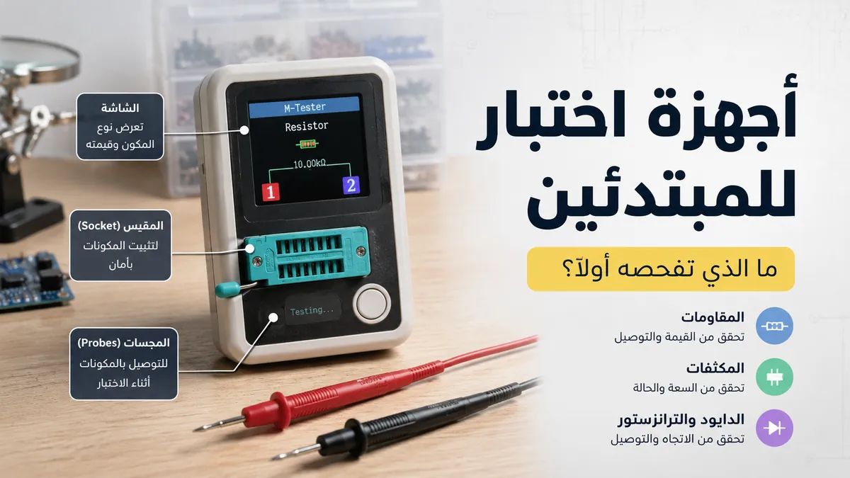 جهاز اختبار مكونات إلكترونية مناسب للمبتدئين مع مجسات ومقبس وشاشة موضحة
