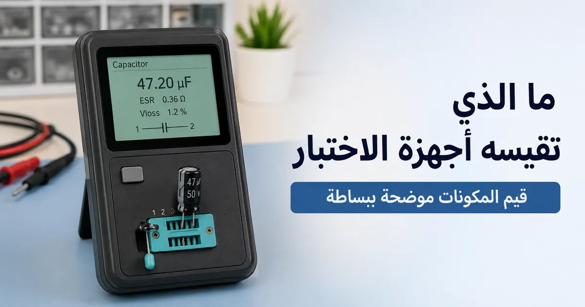 جهاز اختبار مكونات إلكترونية يقيس مكونًا منفصلًا ويعرض القيم على الشاشة