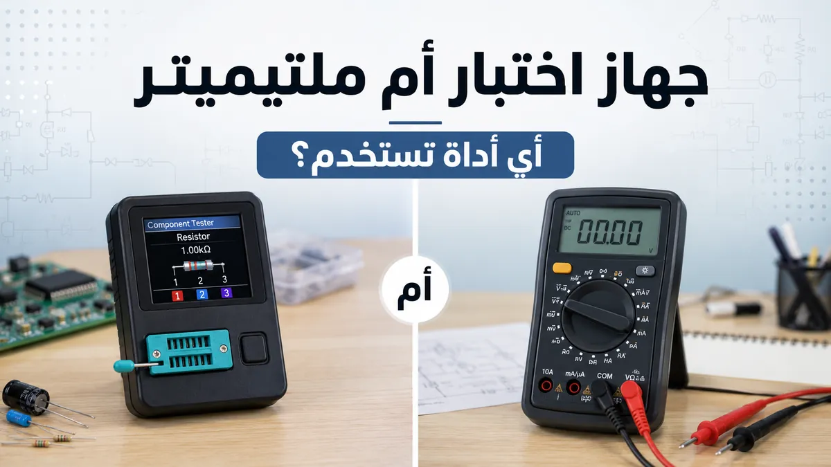 جهاز اختبار مكونات إلكترونية وملتيميتر موضوعان جنبًا إلى جنب للمقارنة بين الأدوات