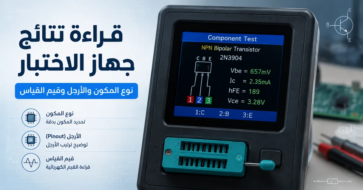 شاشة جهاز اختبار مكونات إلكترونية تعرض نوع المكون وتوزيع الأرجل وقيم القياس