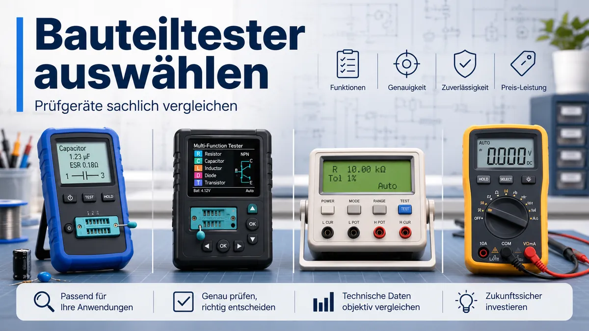 Mehrere elektronische Bauteiltester nebeneinander im Vergleich zur Auswahl des passenden Prüfgeräts