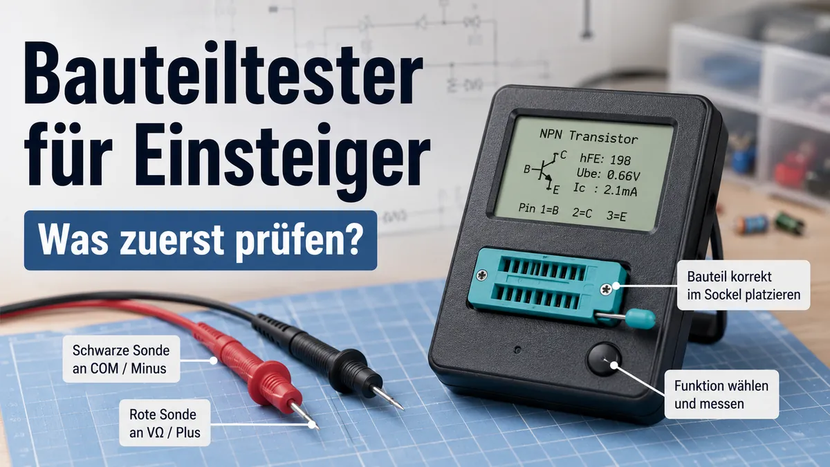 Einsteigerfreundlicher elektronischer Bauteiltester mit markierten Prüfspitzen, Sockel und Display