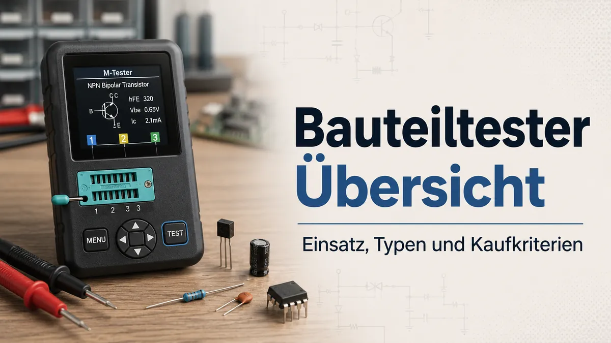 Elektronischer Bauteiltester mit Display, Testsockel, Prüfspitzen und kleinen Bauteilen auf einer Werkbank