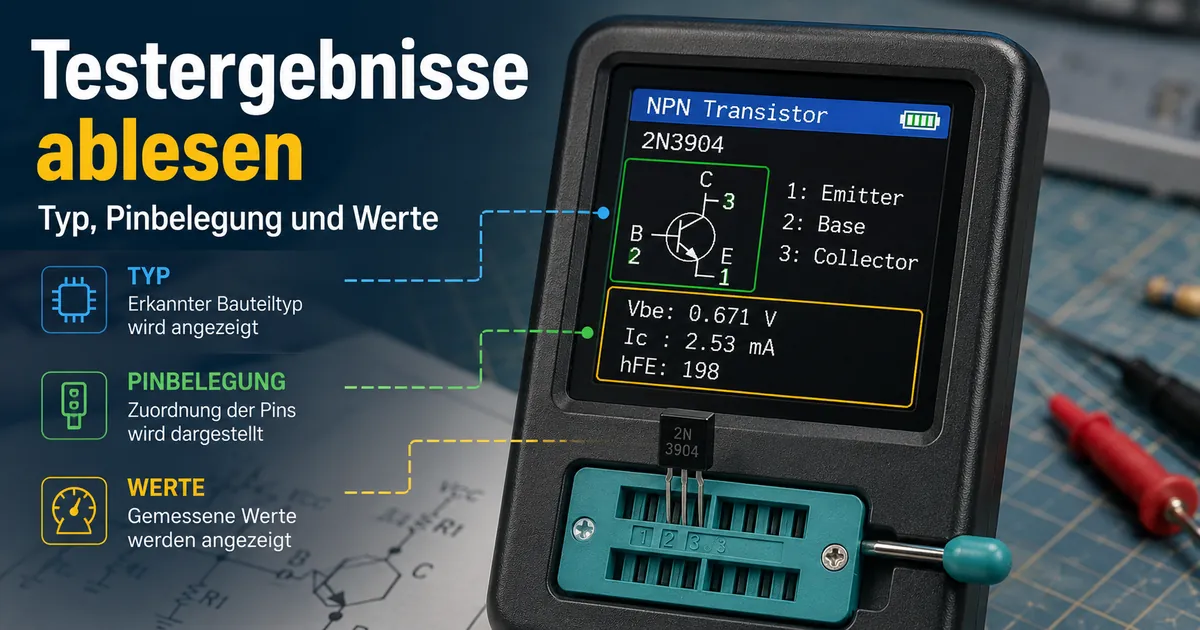Display eines elektronischen Bauteiltesters mit Bauteiltyp, Pinbelegung und Messwerten