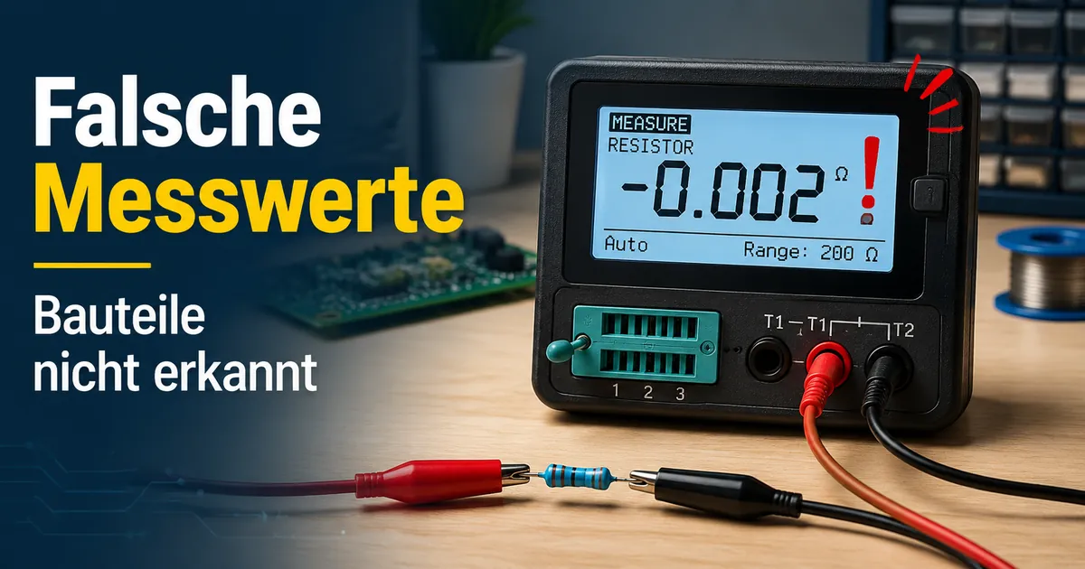 Elektronischer Bauteiltester zeigt beim Prüfen eines kleinen elektronischen Bauteils einen unerwarteten Messwert