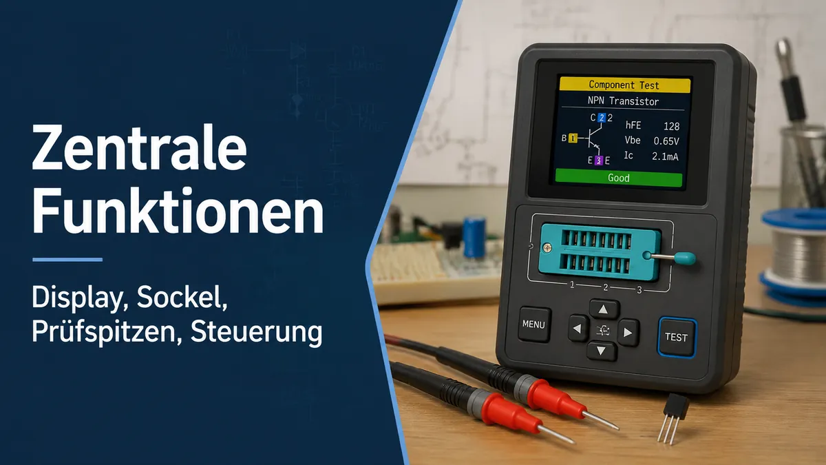 Elektronischer Bauteiltester mit gut lesbarem Display, Sockelzone, Prüfspitzen und Funktionssteuerung