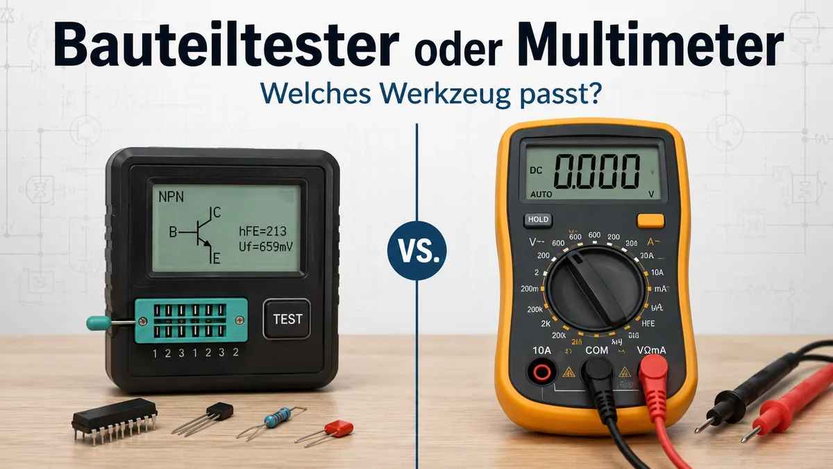 Elektronischer Bauteiltester und Multimeter nebeneinander zum Vergleich der Werkzeuge