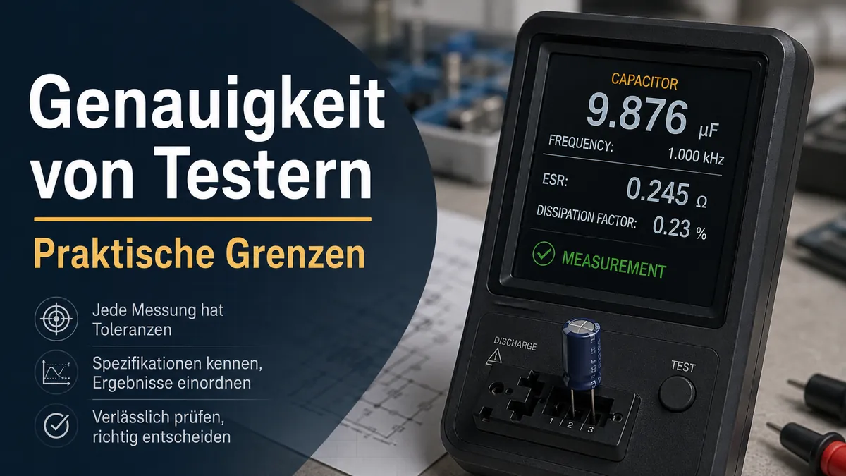 Display eines elektronischen Bauteiltesters mit gemessenen Werten während einer Genauigkeitsprüfung