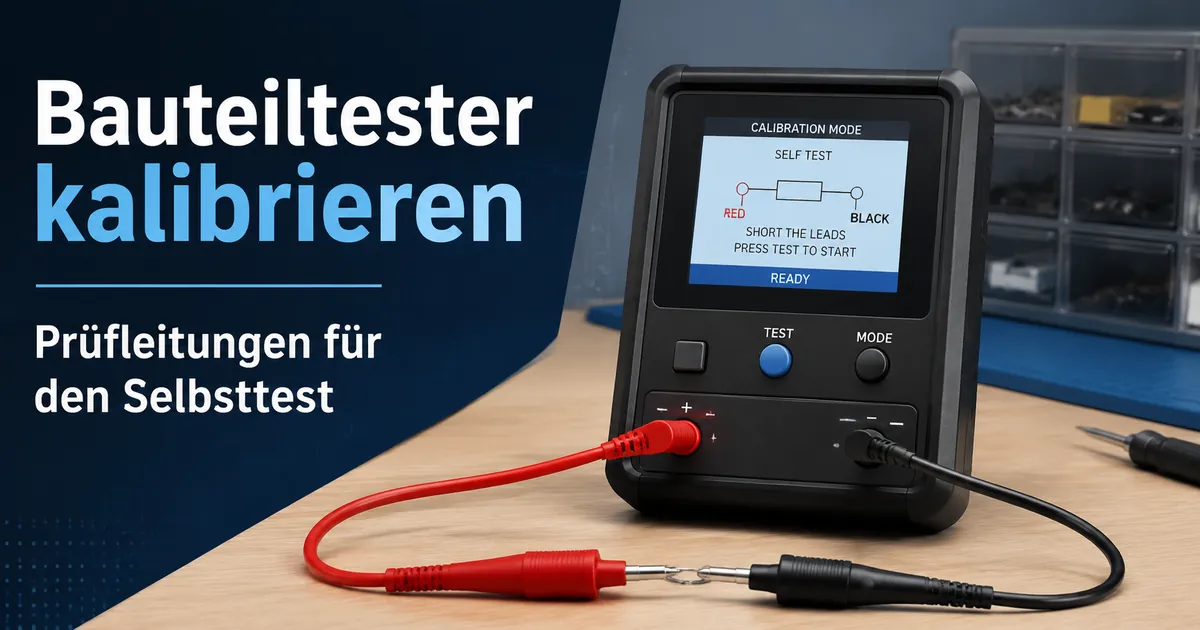 Elektronischer Bauteiltester im Kalibriermodus mit angeschlossenen Prüfleitungen für den Selbsttest