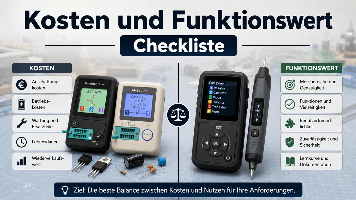 Elektronische Bauteiltester mit Funktionshinweisen zur Gegenüberstellung von Kosten und Wert