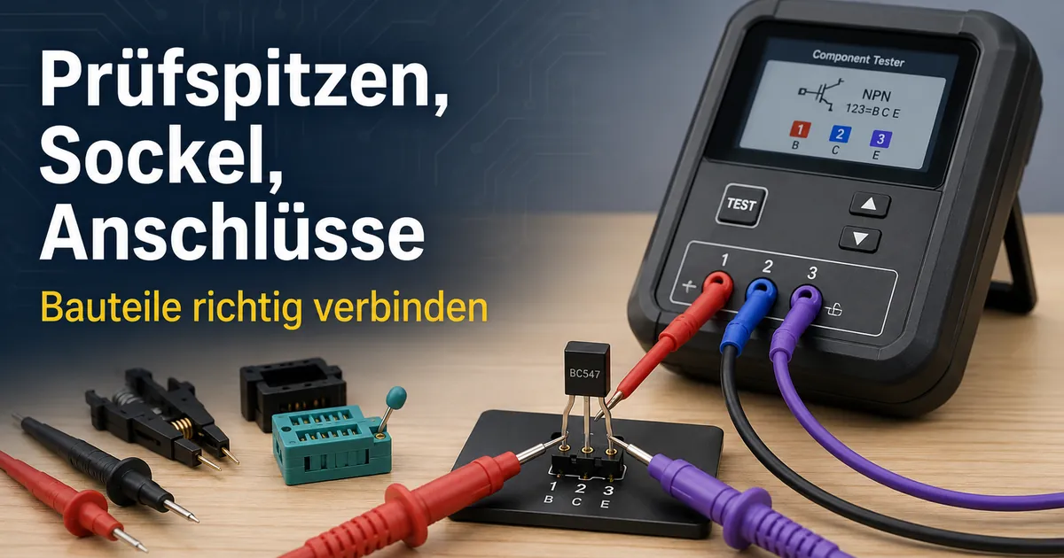Elektronischer Bauteiltester mit Prüfspitzen, Klemmen, Sockeln und angeschlossenen Bauteilkontakten für die Prüfung