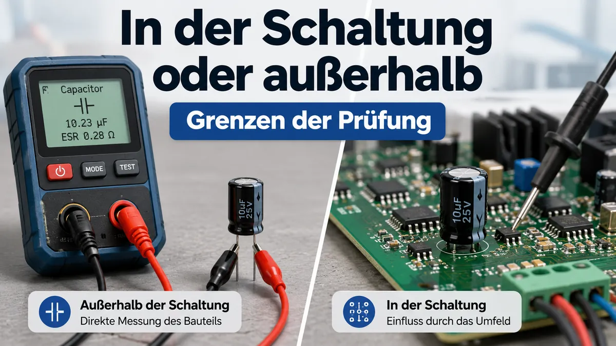 Elektronischer Bauteiltester ist neben einer Leiterplatte mit einem losen Bauteil verbunden, um Prüfarten zu vergleichen