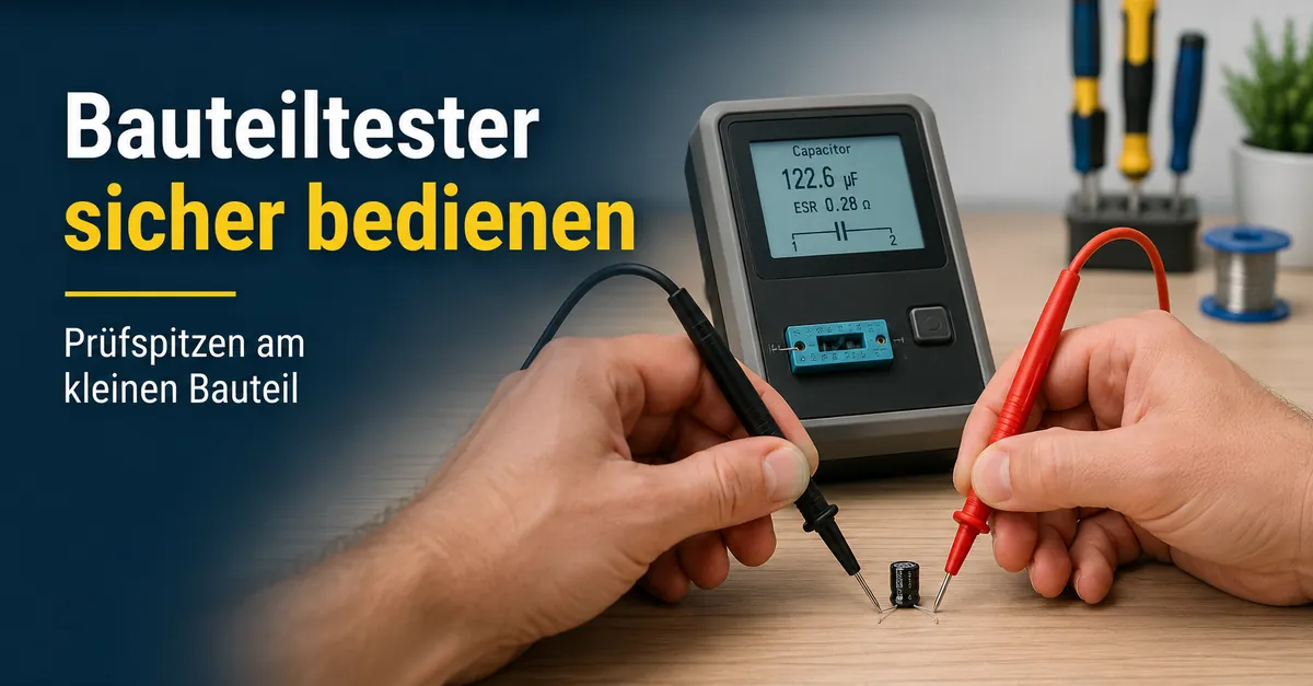 Hände arbeiten mit einem elektronischen Bauteiltester und Prüfspitzen an einem kleinen Bauteil