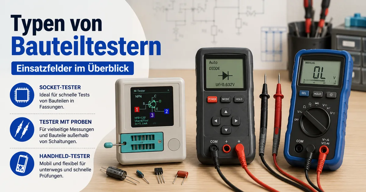 Verschiedene Typen elektronischer Bauteiltester, darunter Modelle mit Sockel, Prüfspitzen und Handgeräte