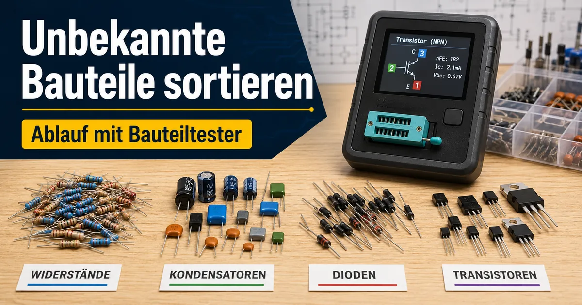 Unbekannte Widerstände, Kondensatoren, Dioden und Transistoren neben einem elektronischen Bauteiltester sortiert