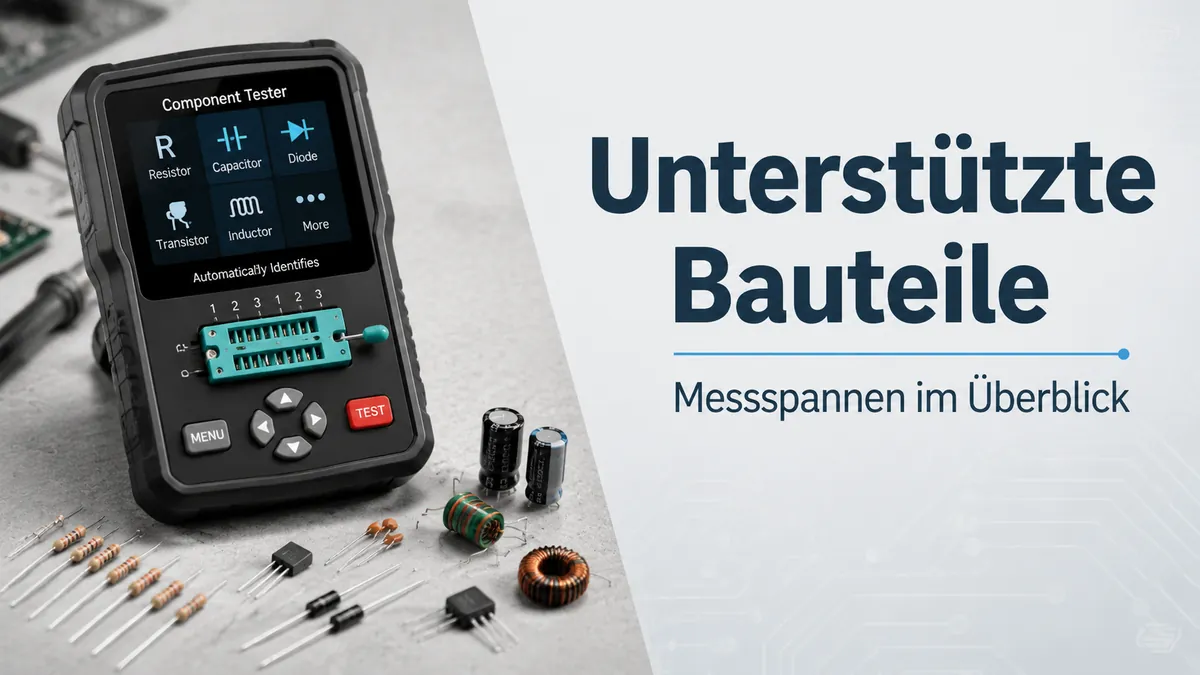 Elektronischer Bauteiltester mit Widerständen, Kondensatoren, Dioden, Transistoren und Induktivitäten in der Nähe