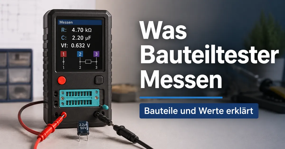 Elektronischer Bauteiltester misst ein loses Bauteil und zeigt Werte auf dem Display an