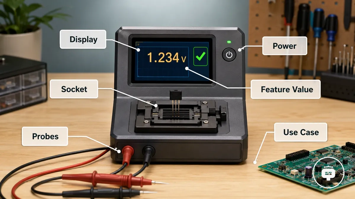 Beschrifteter elektronischer Bauteiltester mit Anzeige, Sockel, Prüfspitzen und Stromversorgungsfunktionen
