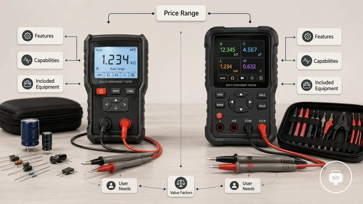 Elektronischer Bauteiltester mit Display und Zubehör als Darstellung der Preis- und Wertebewertung