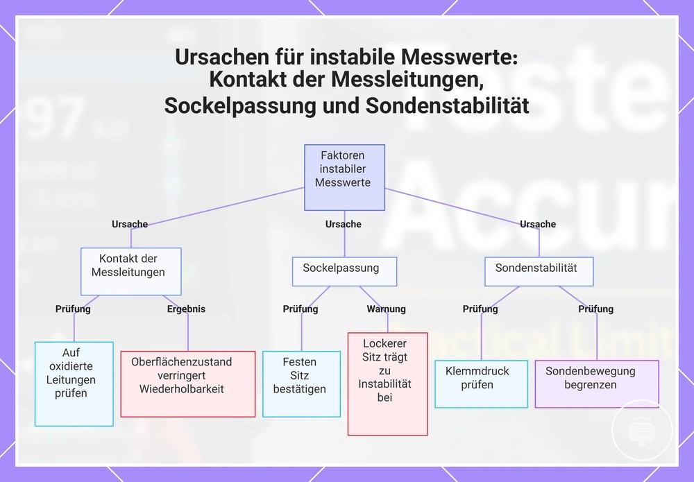 Ursachen für instabile Messwerte: Kontakt der Messleitungen, Sockelpassung und Sondenstabilität