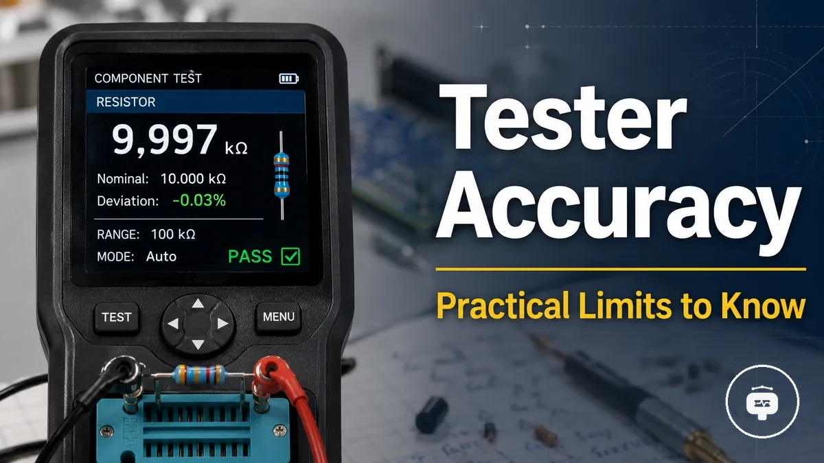 Electronic component tester screen showing measured values for a component during an accuracy check