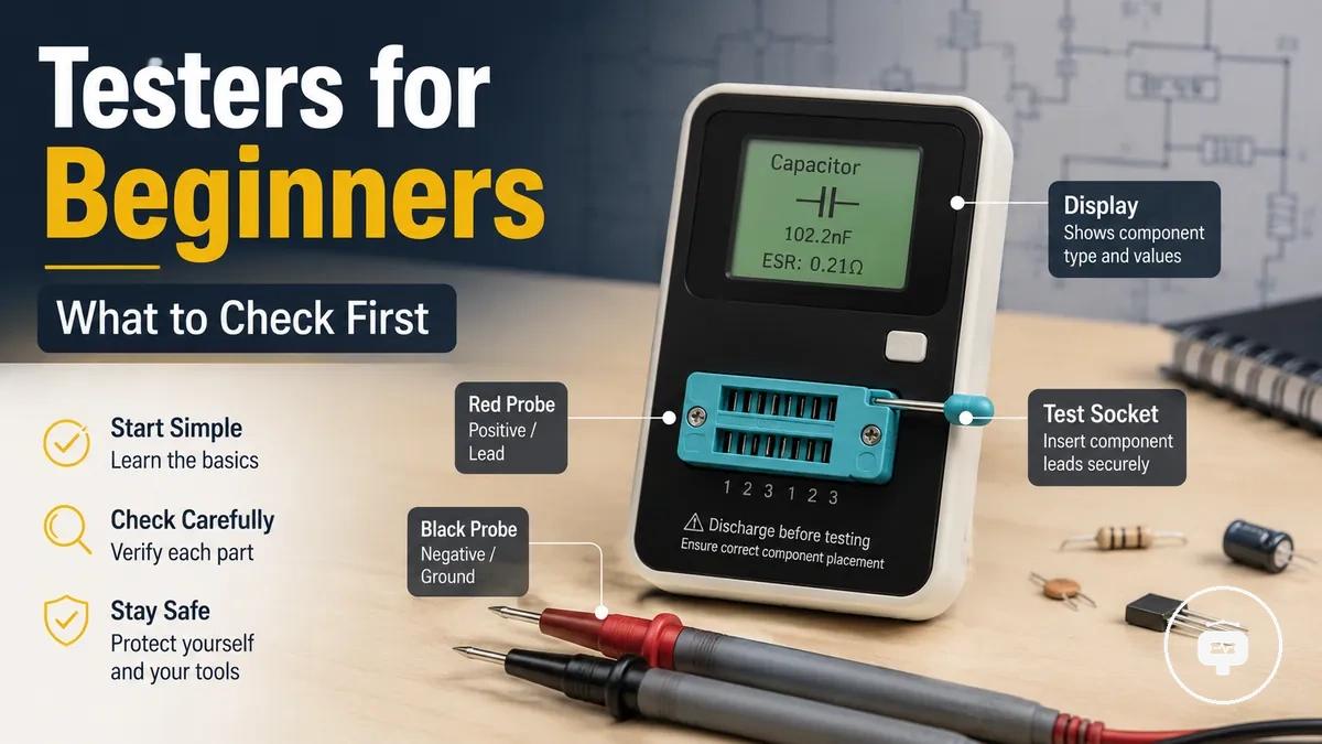 Beginner-friendly electronic component tester with labeled probes, socket, and display