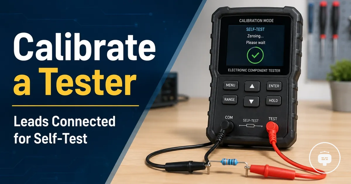 Electronic component tester in calibration mode with test leads connected for self-test