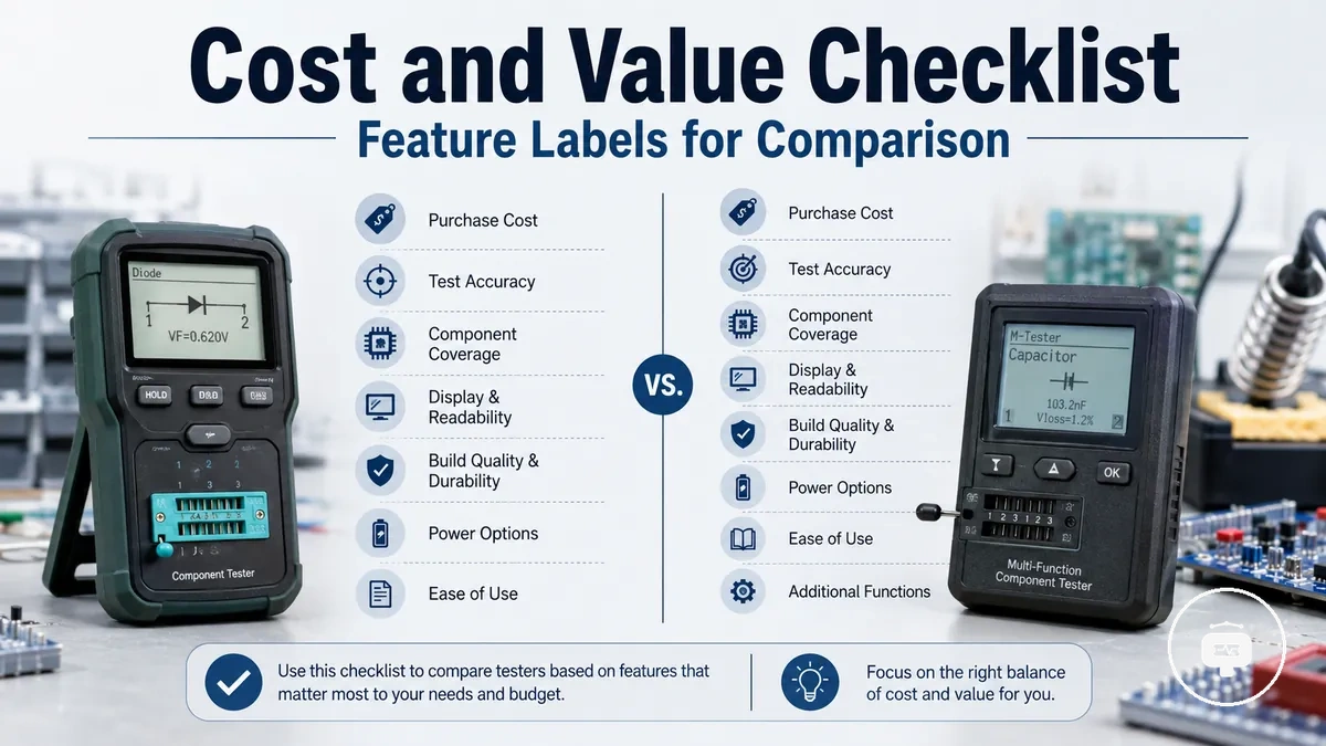 Electronic component testers arranged with feature labels for comparing cost and value