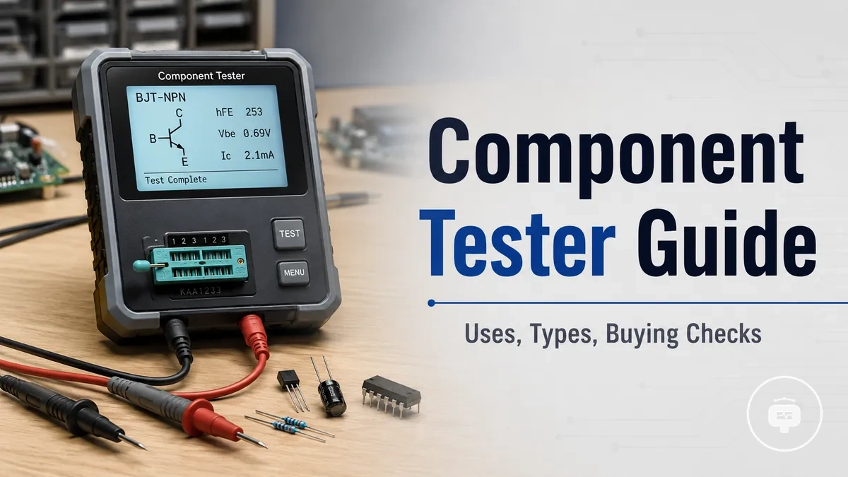 Electronic component tester with display, test socket, probes, and small components on a workbench