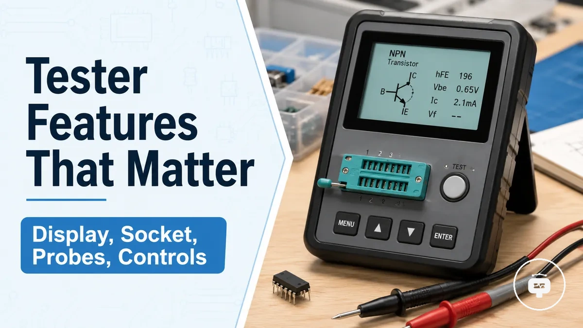 Electronic component tester showing a clear display, socket area, probes, and feature controls