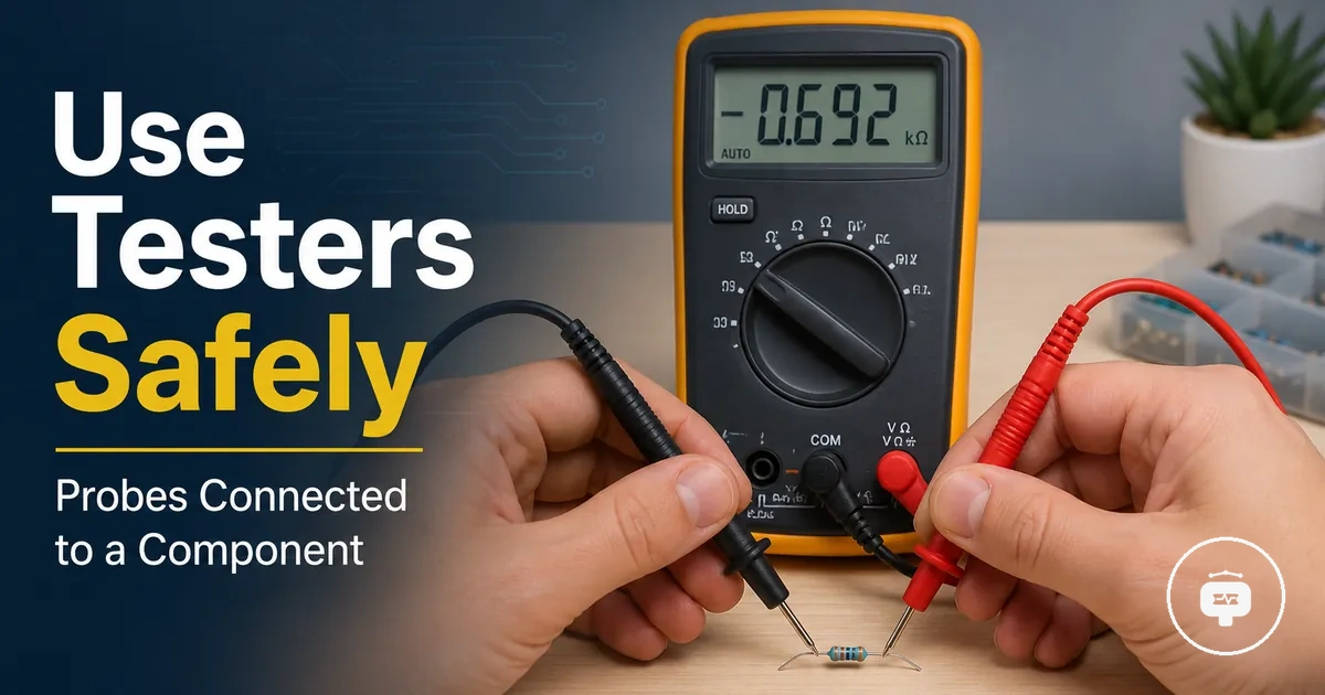 Hands using an electronic component tester with probes connected to a small component