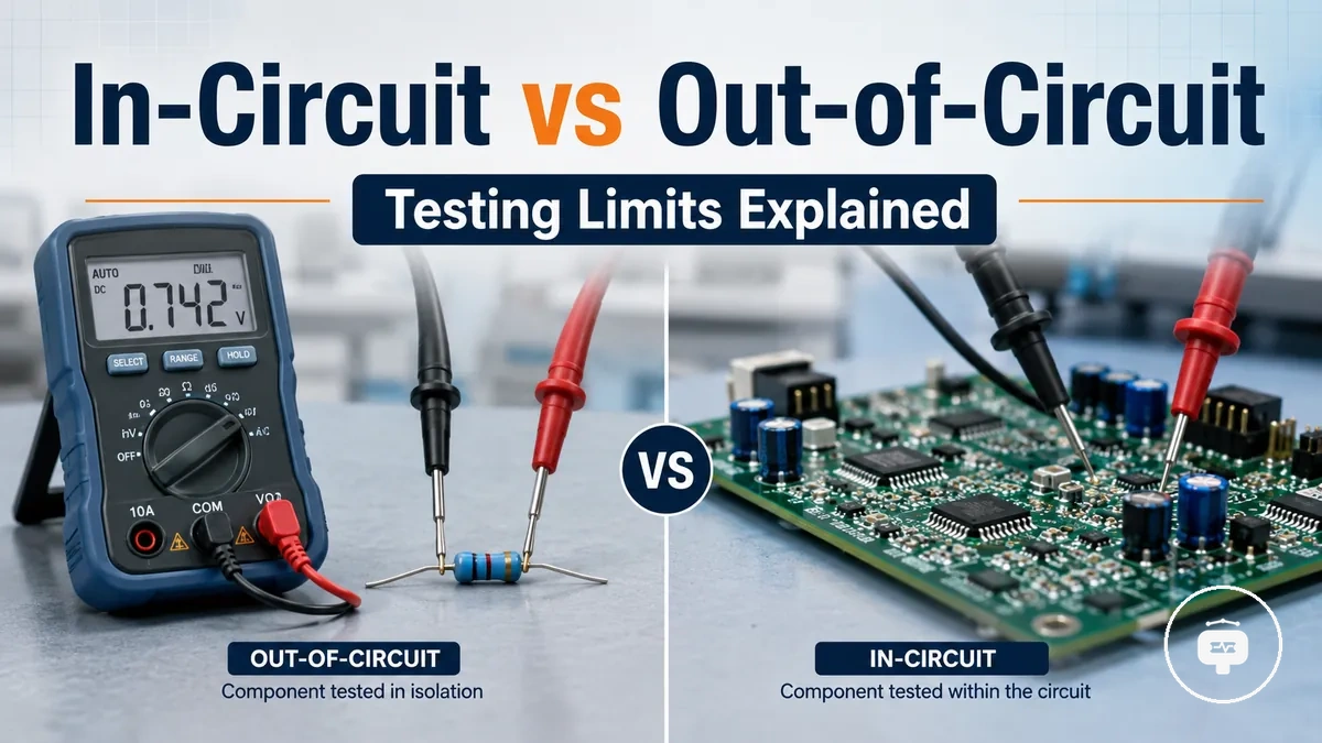 Electronic component tester connected to a loose component beside a circuit board for testing comparison