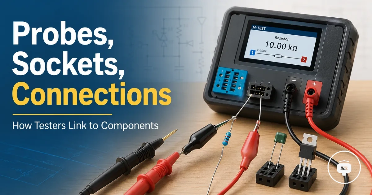 Electronic component tester with test probes, clips, sockets, and component leads connected for testing
