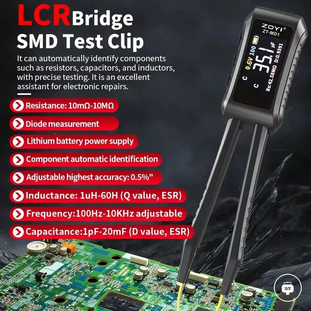 ZOYI MD1 SMD tweezer tester for resistance, capacitance, inductance, continuity, and diode checks