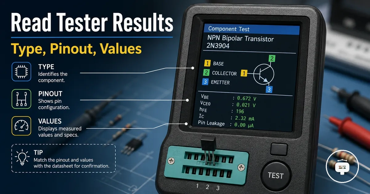 Electronic component tester display showing component type, pinout, and measurement values