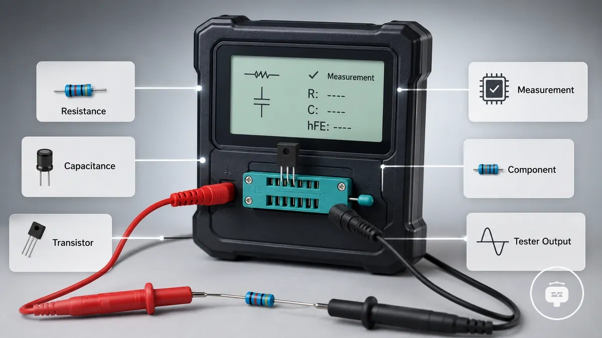 Electronic component tester measuring a connected electronic component with measurement results displayed