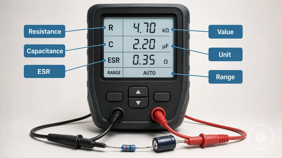 Electronic component tester display with measurement labels and values