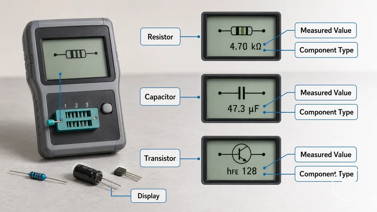 Electronic component tester showing different component measurement results