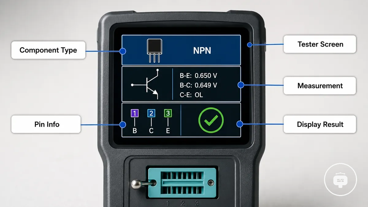 Annotated electronic component tester display with labeled result fields