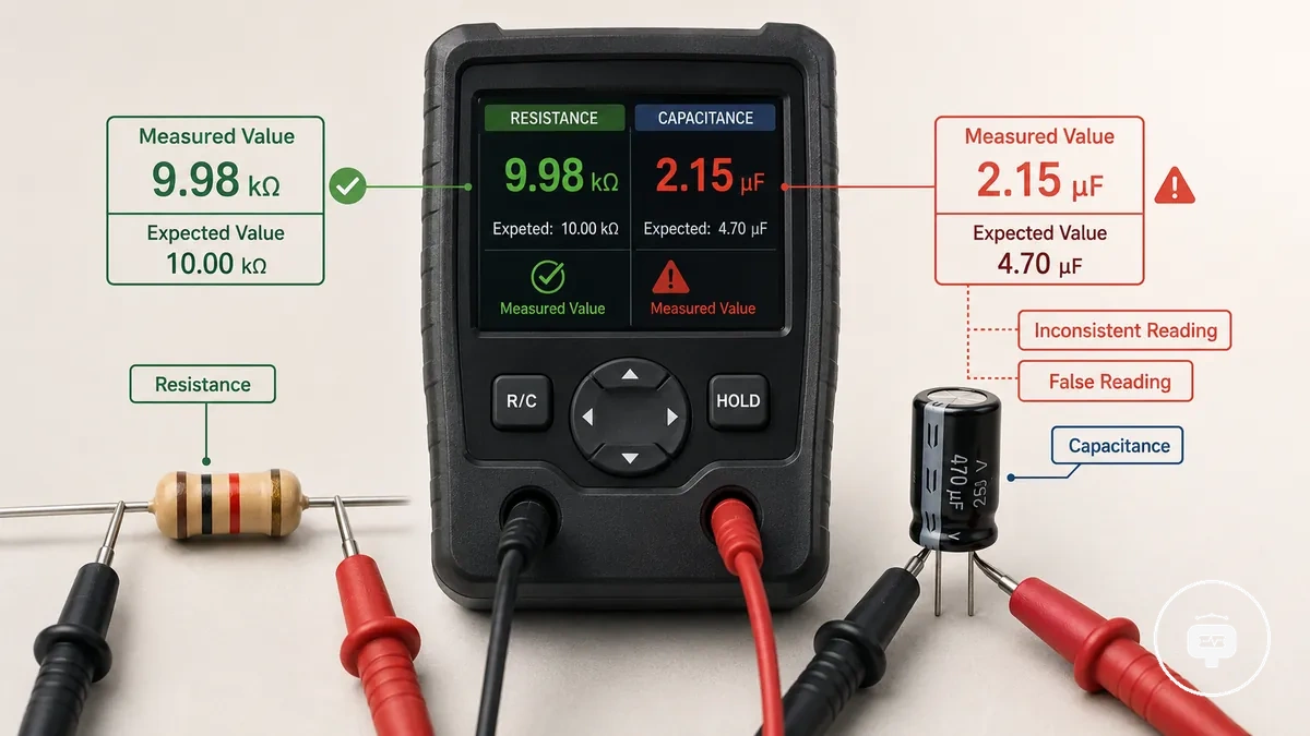 Component tester showing inconsistent measurement values during testing