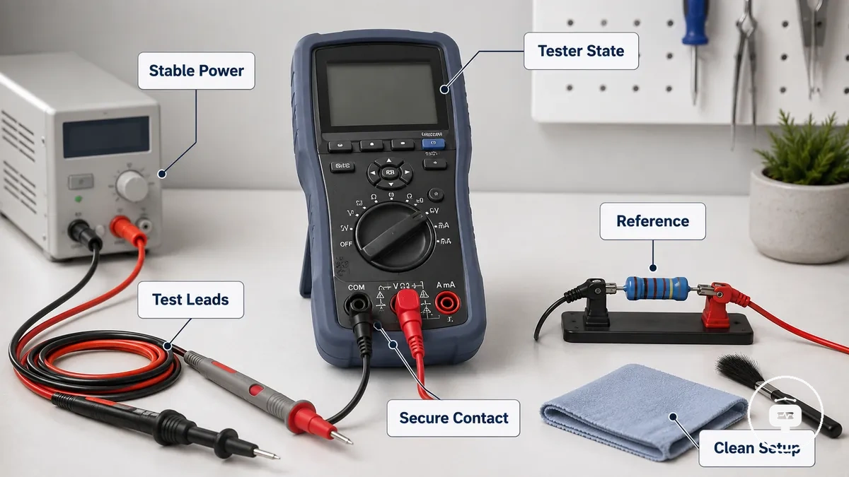 Electronic component tester prepared for calibration with connected leads
