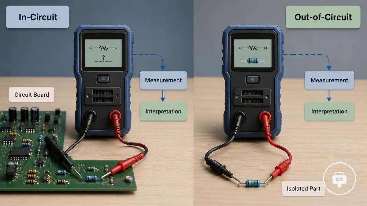Comparison of in-circuit and out-of-circuit component testing with a component tester