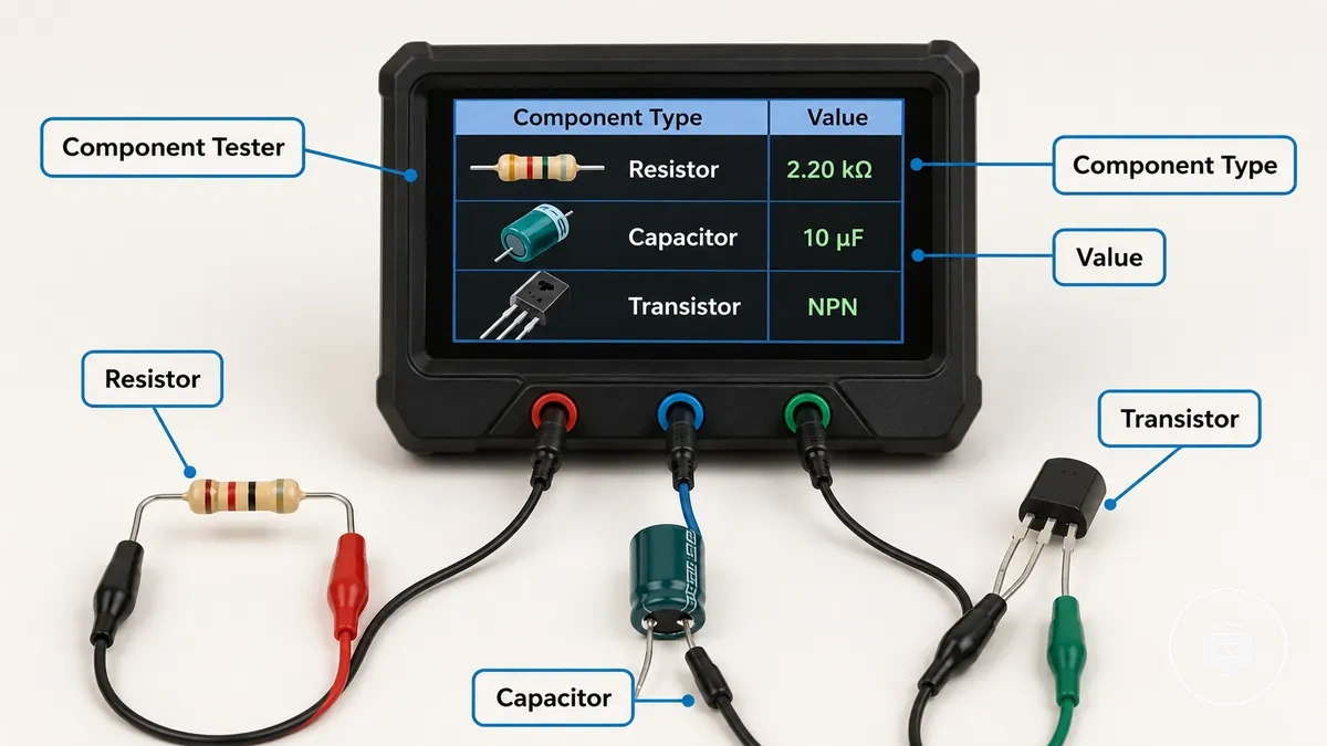 Electronic component tester identifying common electronic parts on its display