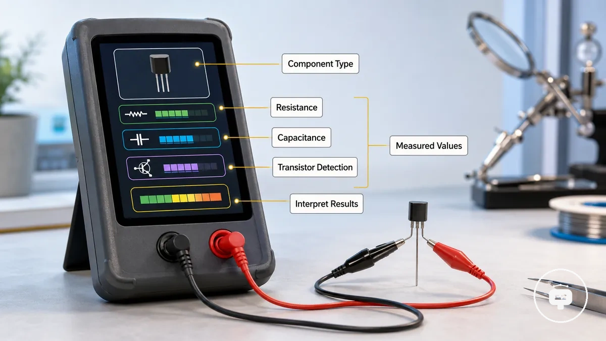 Electronic component tester display showing component measurements
